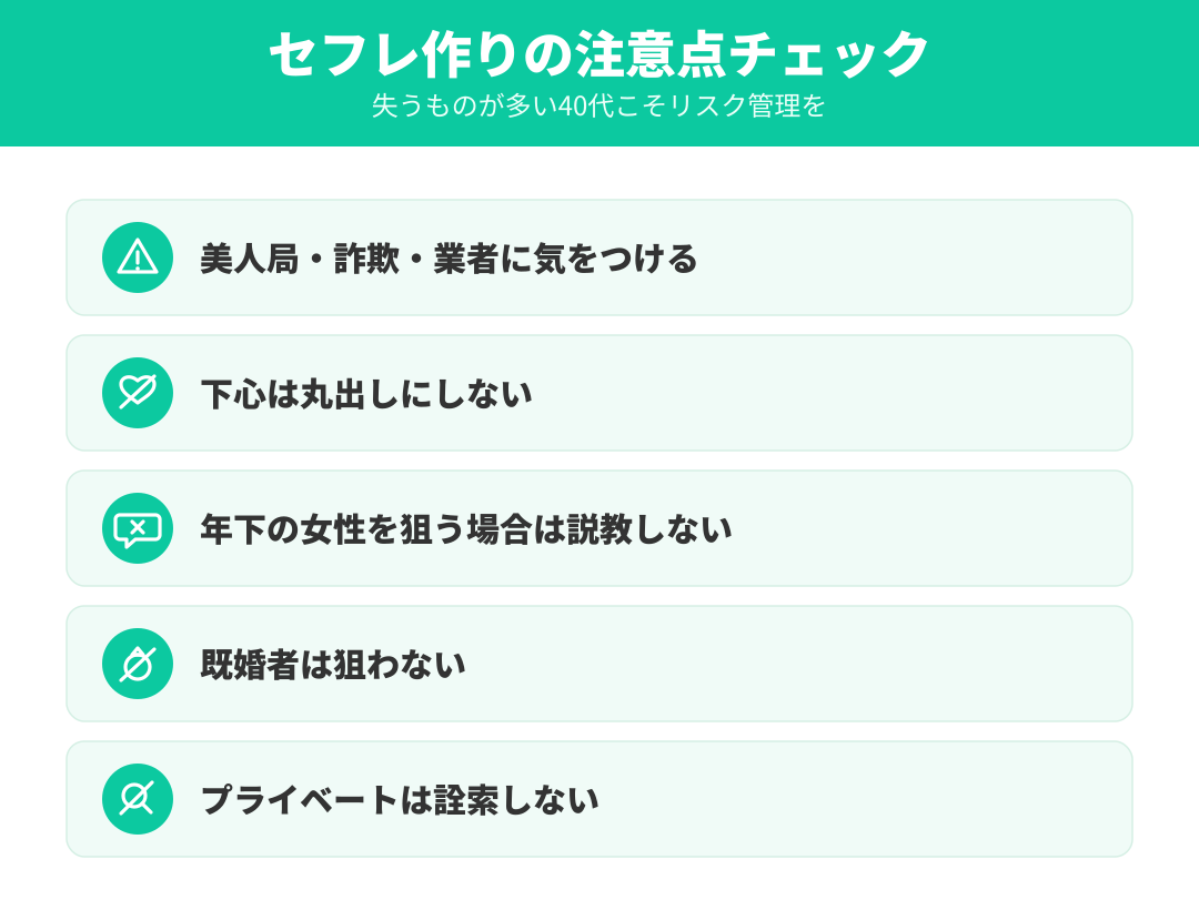 40代のセフレ作りの注意点チェックリスト